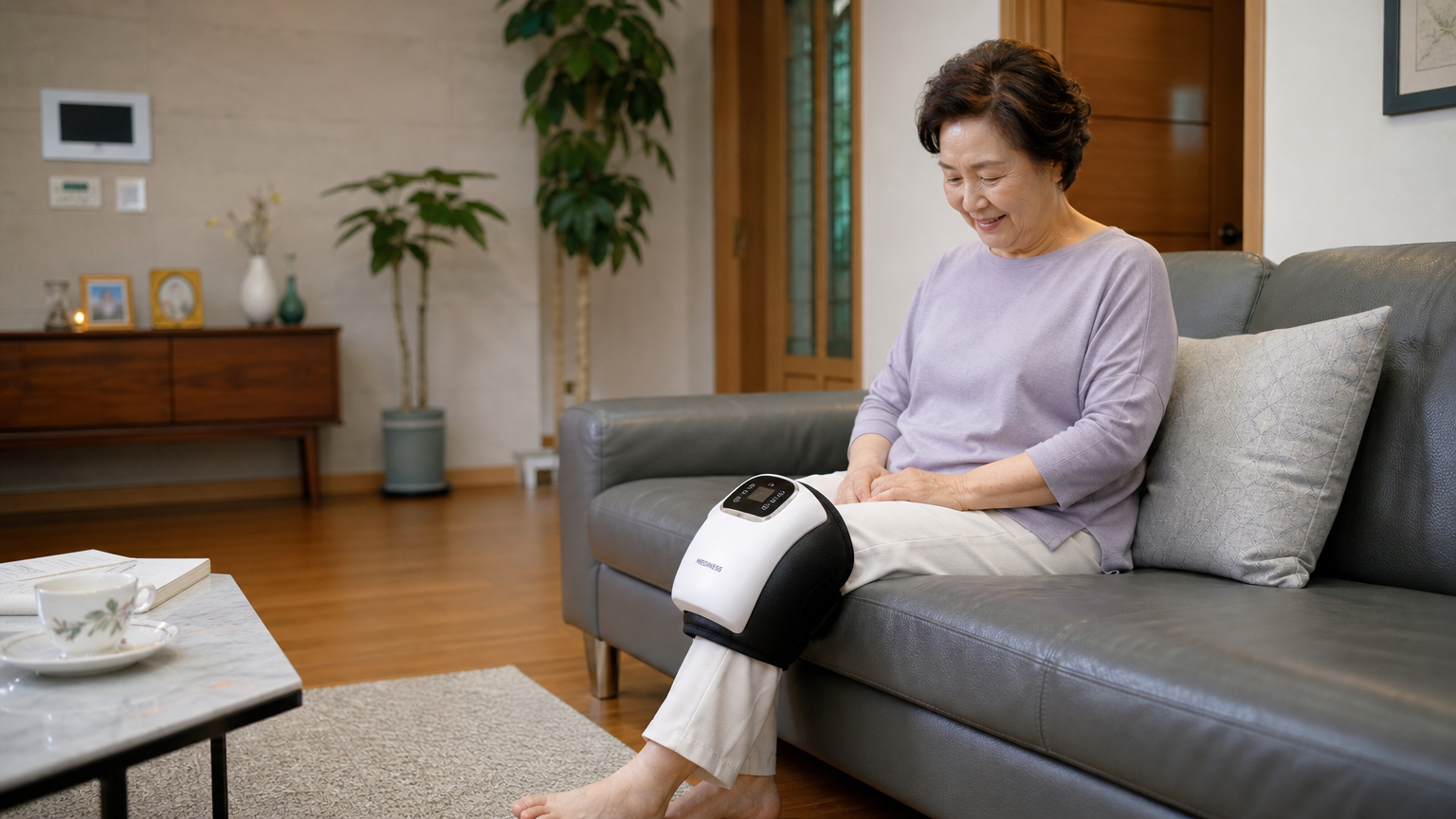 거실에서 무릎 마사지기를 사용하는 중년 여성