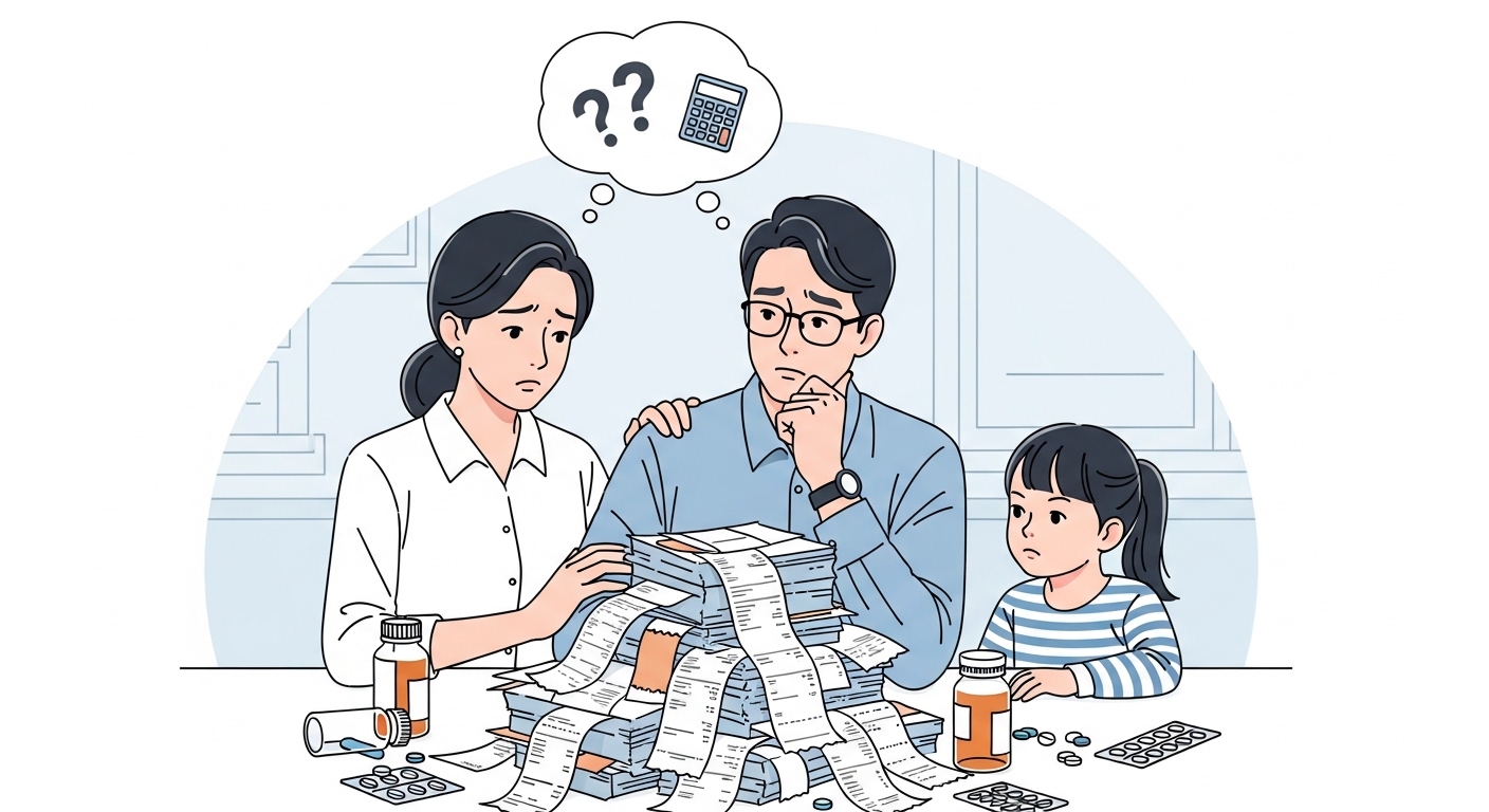 한국 가족이 병원 영수증과 약병을 보며 의료비에 대해 고민하는 모습