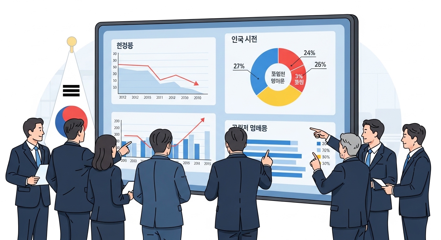 정부 관계자들이 저출산 및 고령화 대책 관련 자료를 논의하는 모습