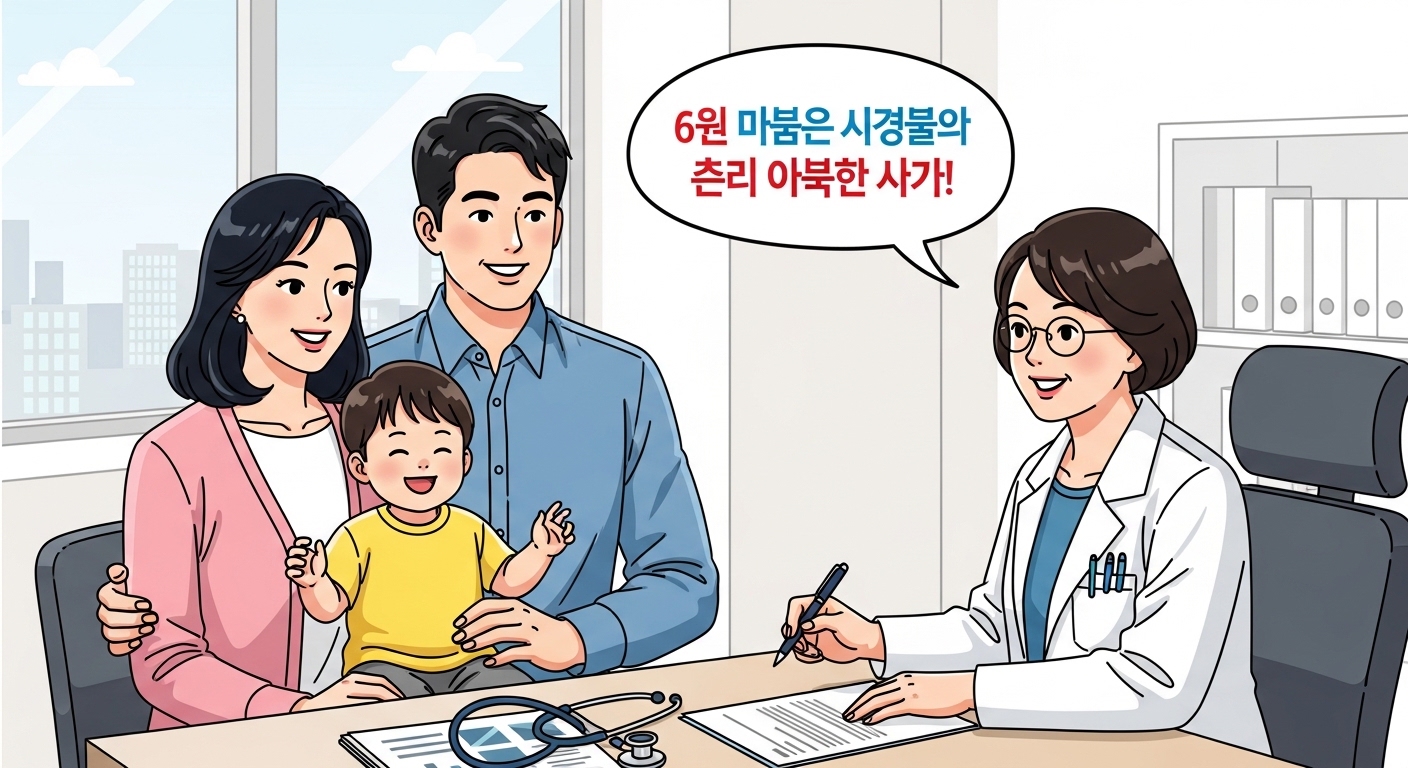 어린 자녀와 함께 병원에서 좋은 소식을 듣고 있는 한국 부모의 모습