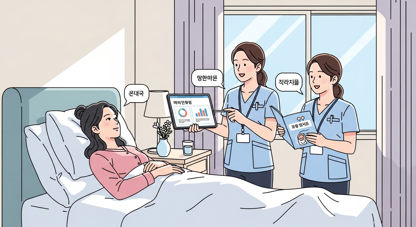 산후조리원에서 쉬고 있는 한국 엄마에게 세금 혜택을 설명하는 직원들