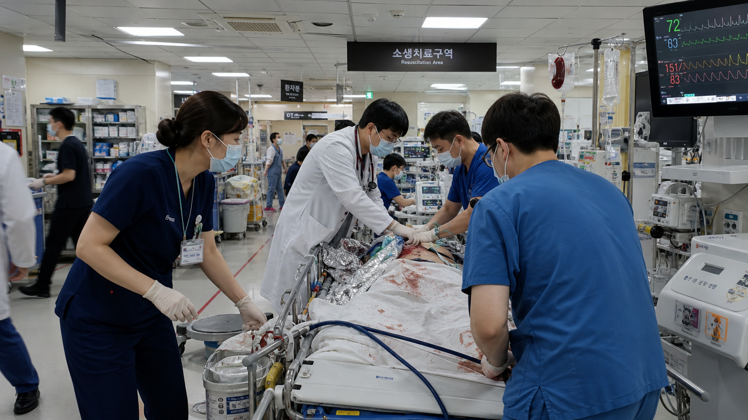 한국 병원의 중증외상센터에서 의사와 간호사들이 바쁘게 일하는 모습
