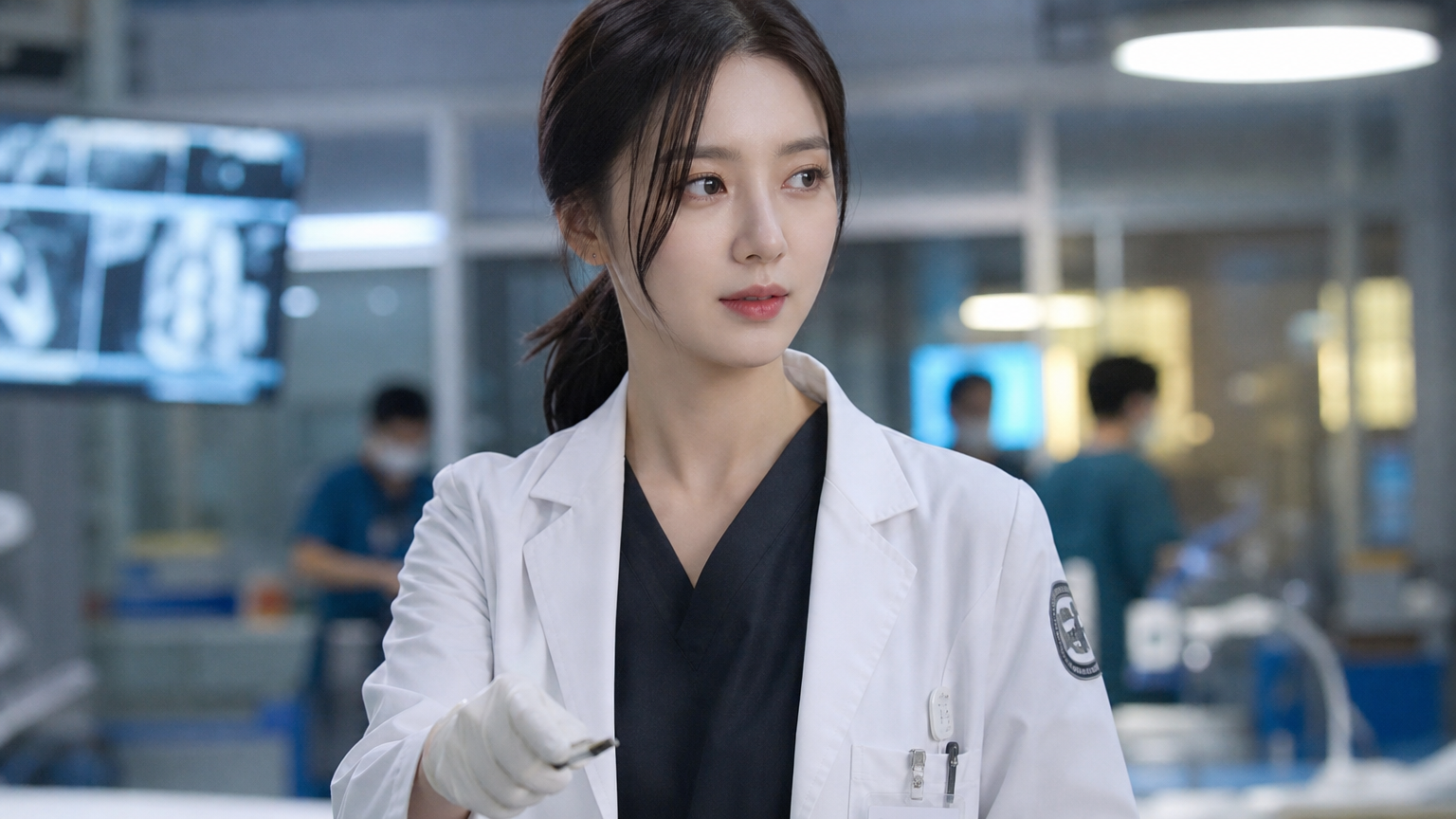 메디컬 드라마의 촬영장에서 전문성을 갖춘 인물로 변신한 젊은 여배우