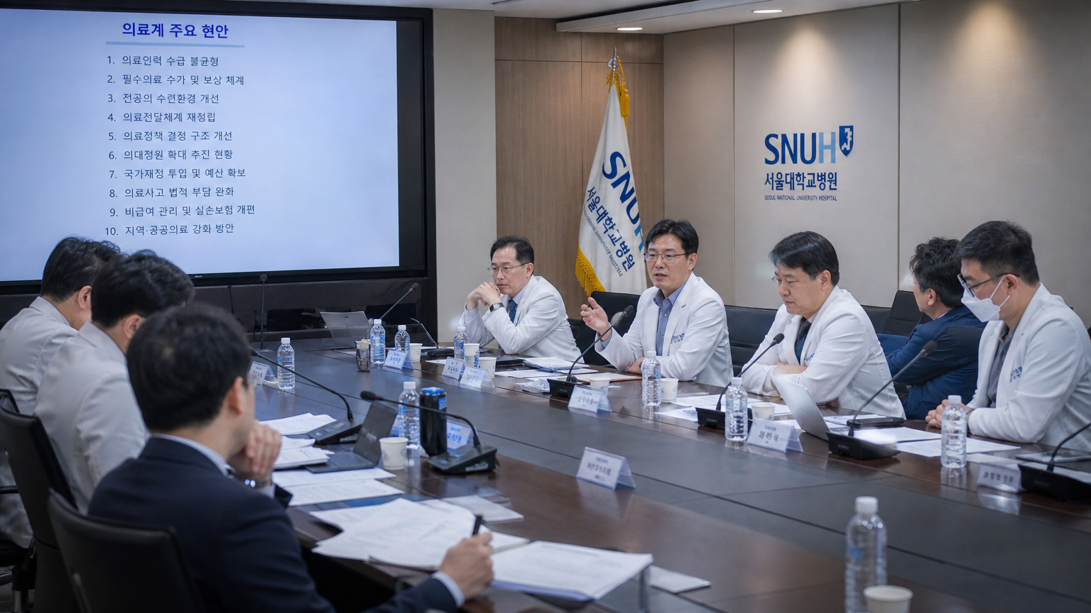병원 회의실에서 정치 싸움과 예산 문제를 논의하는 의료진들