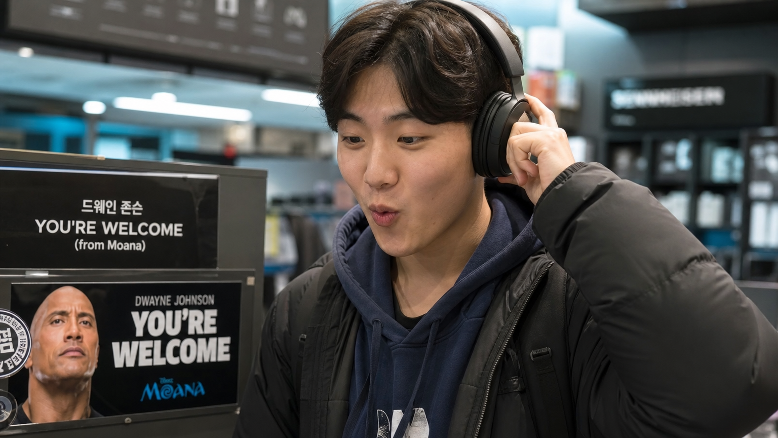 음악 매장에서 드웨인 존슨의 노래를 듣고 감명받는 한국 청소년