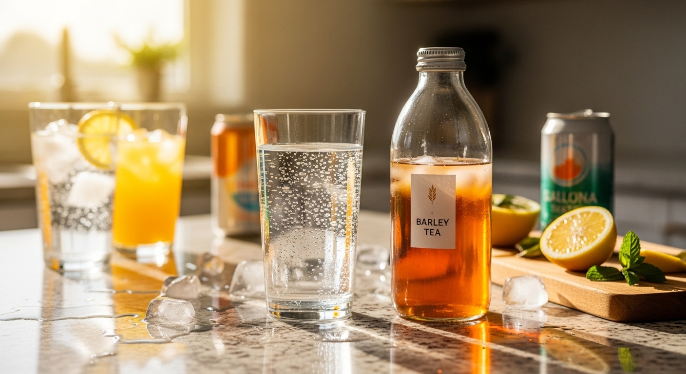 부엌 카운터 위 햇빛 속 다양한 음료들