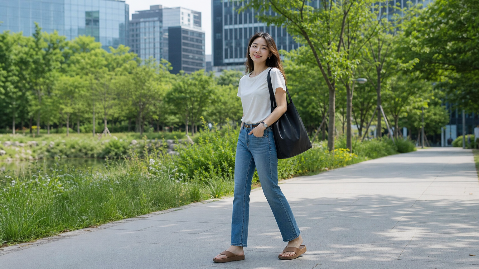도심 공원에서 티셔츠와 청바지에 핏플랍 샌들을 매치한 세련된 직장인