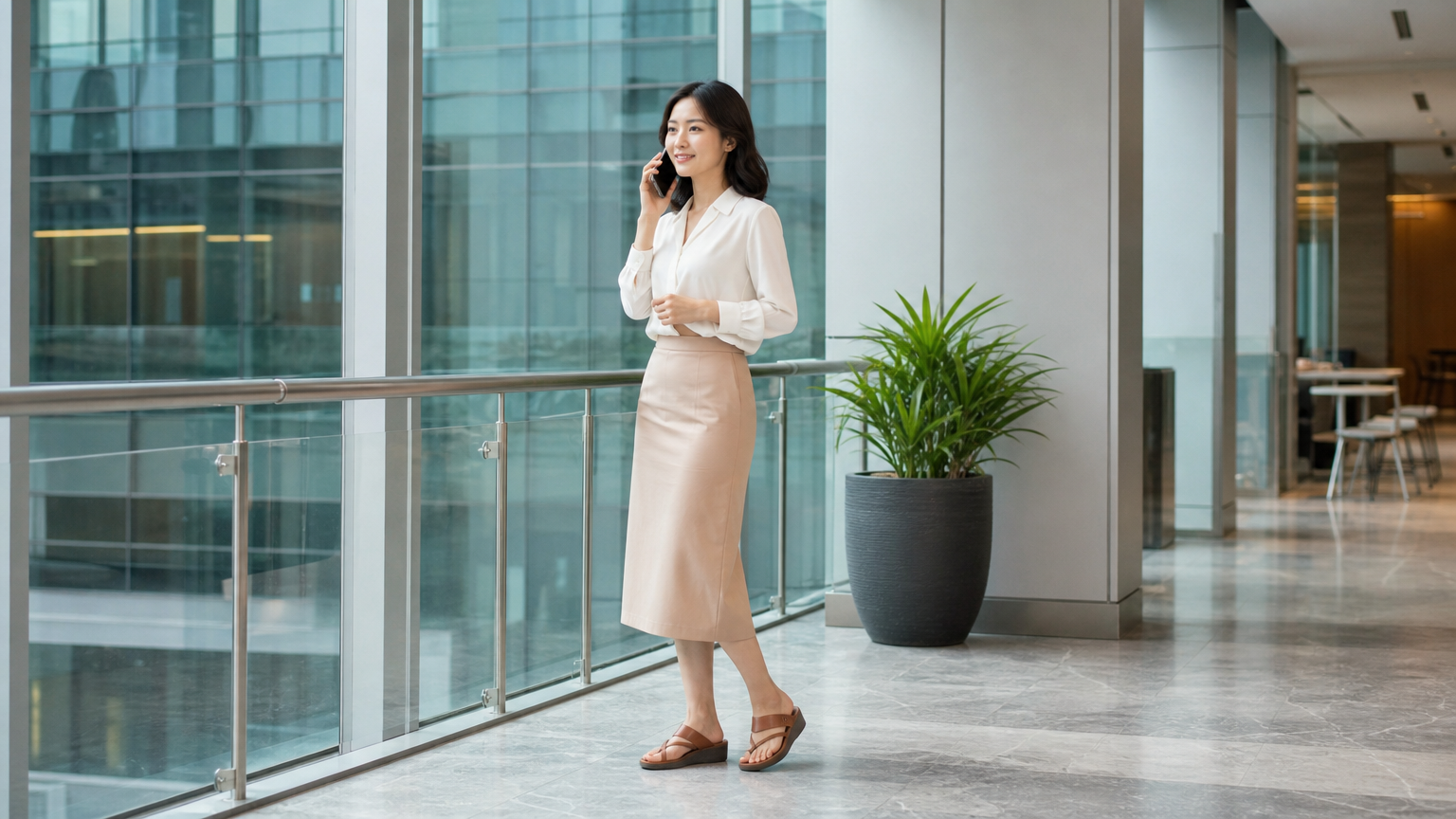 현대적인 유리 사무실에서 포멀한 옷차림에 레더 스트랩 핏플랍을 신은 우아한 직장인