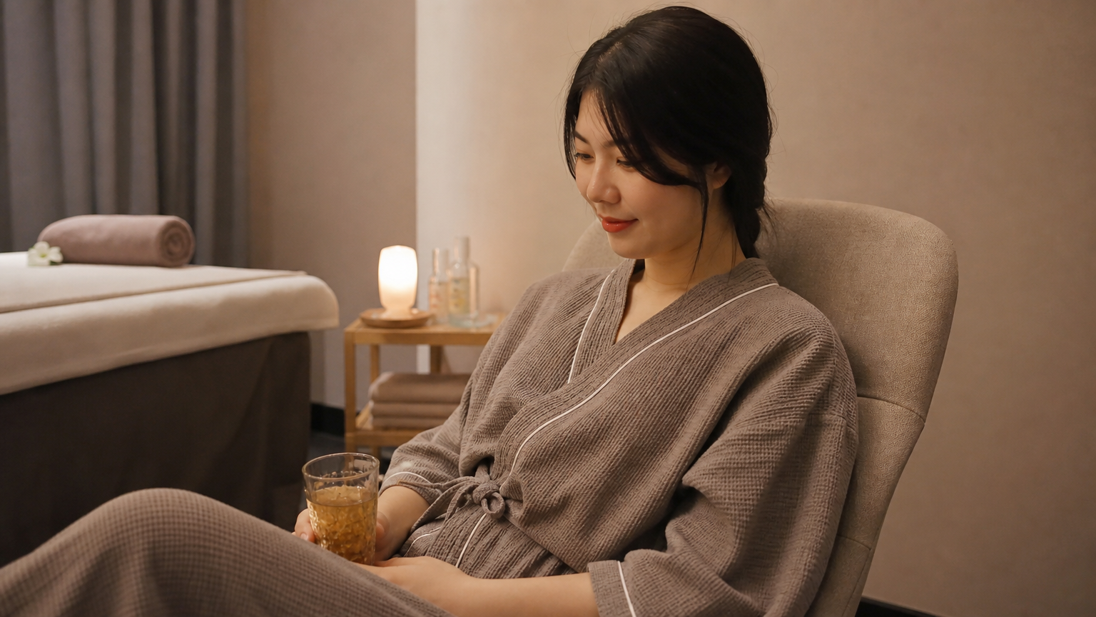 아늑한 마사지 룸에서 첫 마사지를 준비하는 젊은 여성의 모습
