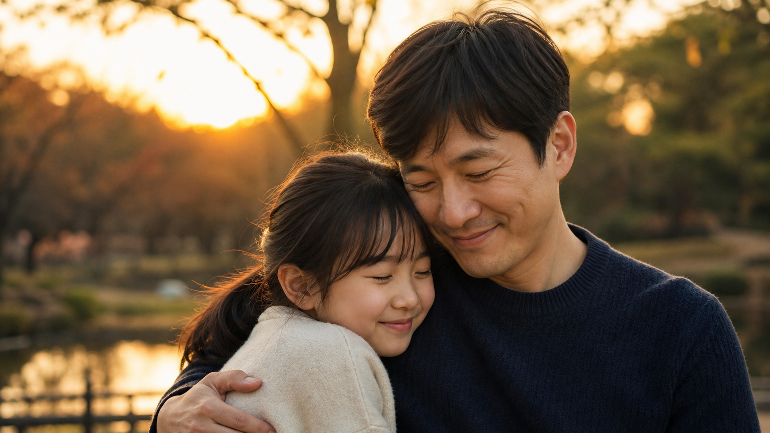 공원에서 해질녘에 아버지와 딸이 감동적인 순간을 공유하는 모습