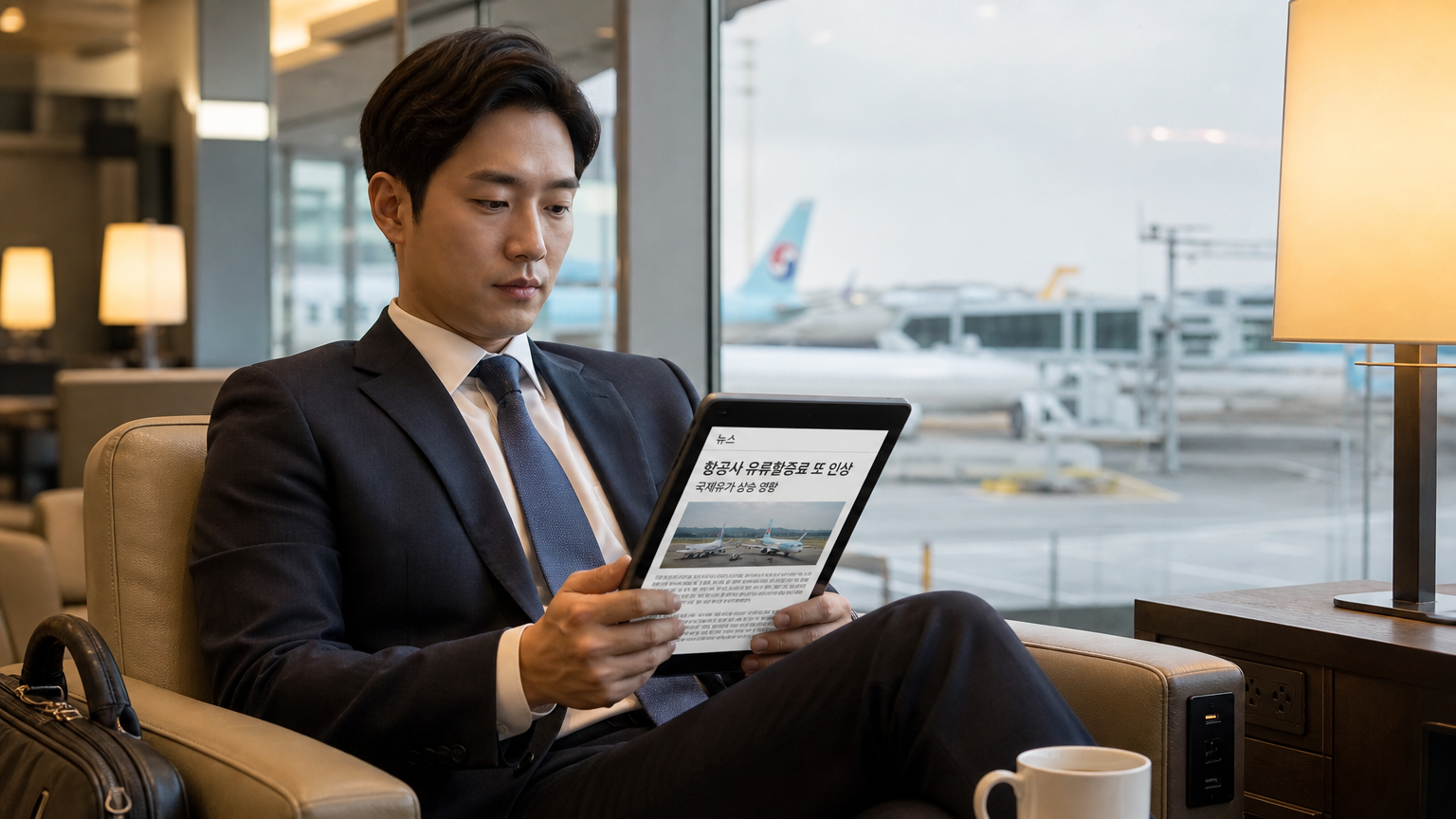 공항 라운지에서 태블릿으로 유류할증료 관련 뉴스를 읽는 한국의 사업가