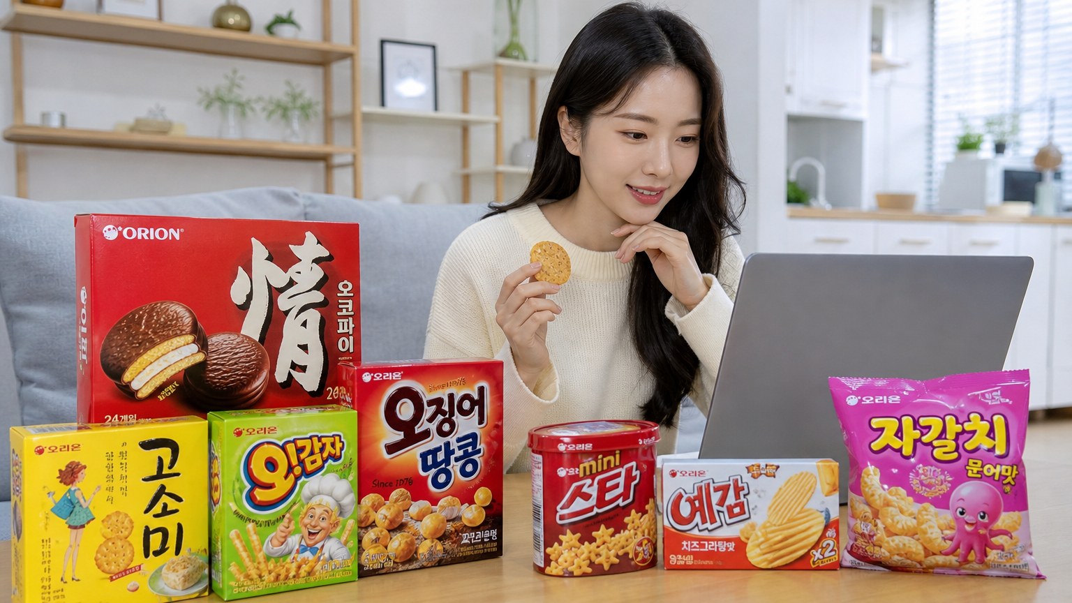 노트북으로 오리온 과자를 구매하는 모습의 젊은 여성
