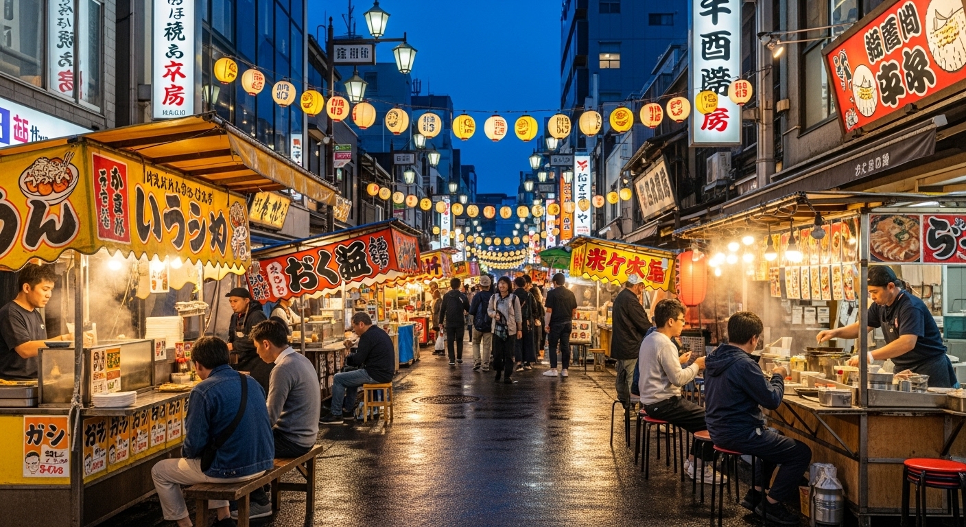 후쿠오카의 활기찬 거리에서 현지인과 관광객들이 다양한 길거리 음식을 즐기는 모습