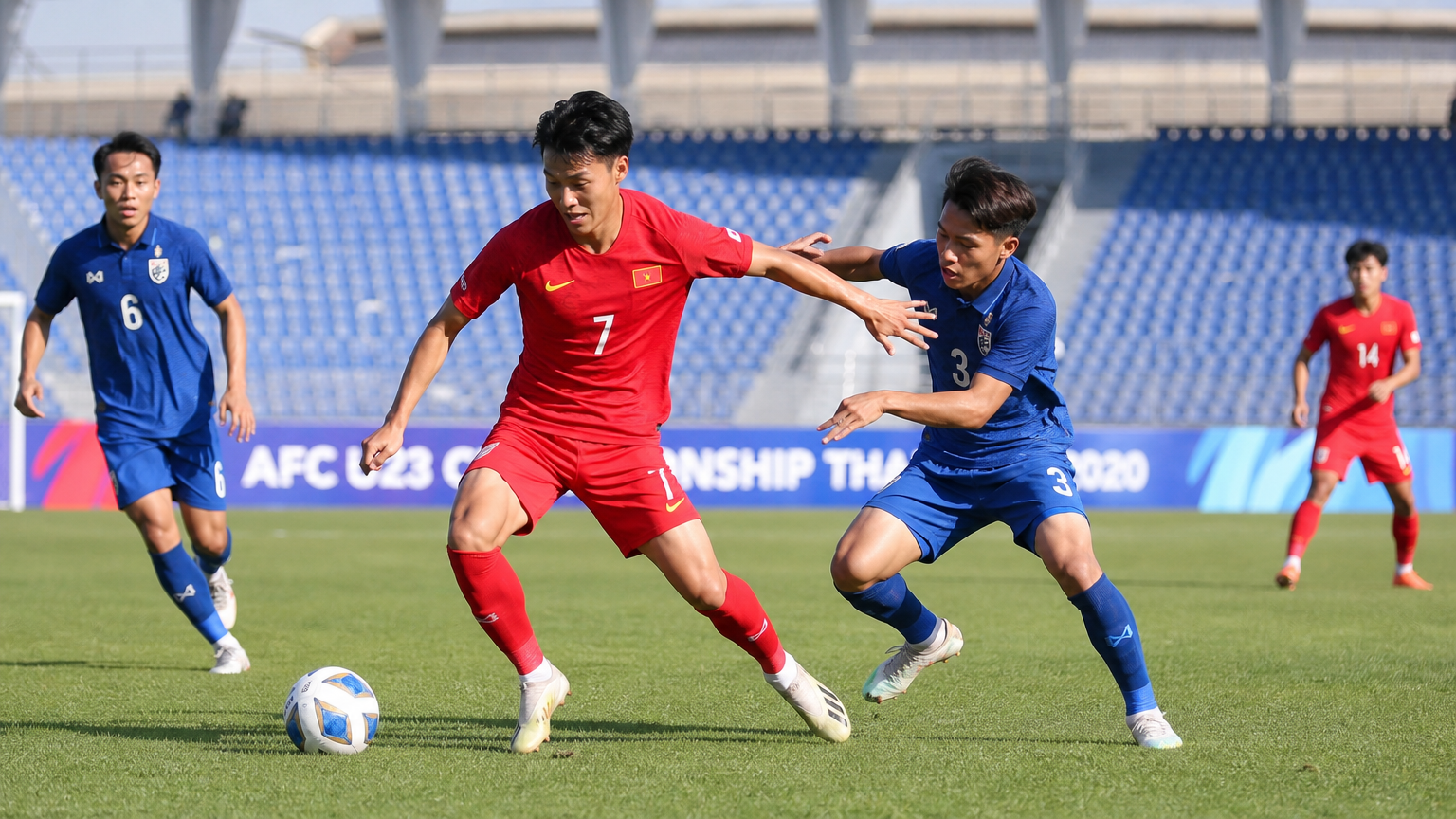 현대 스포츠 복합 시설에서 치열한 예선을 펼치는 아시아 축구 팀들