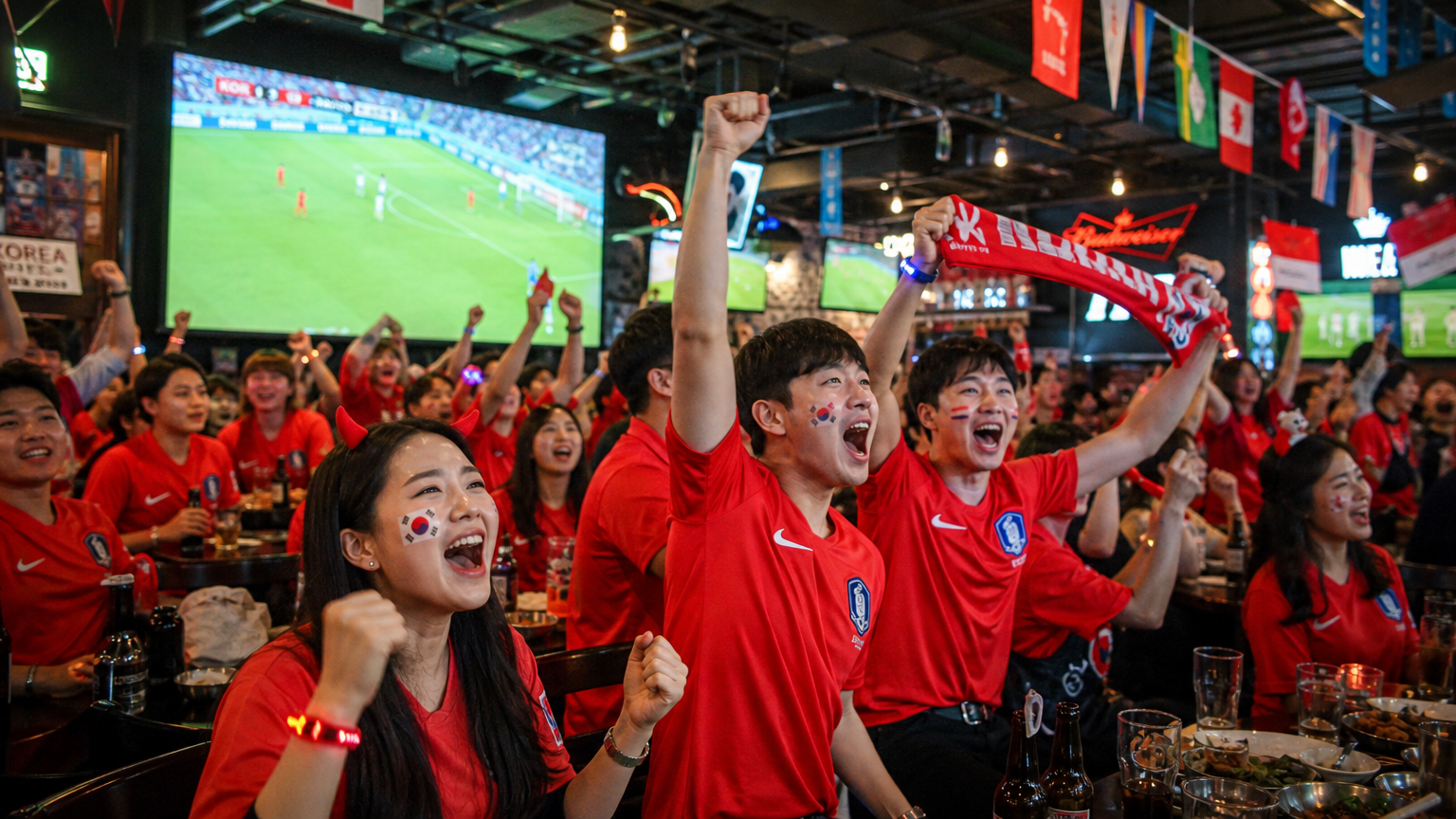 스포츠 바에서 대형 스크린으로 월드컵 경기를 보며 열정적으로 응원하는 축구 팬들
