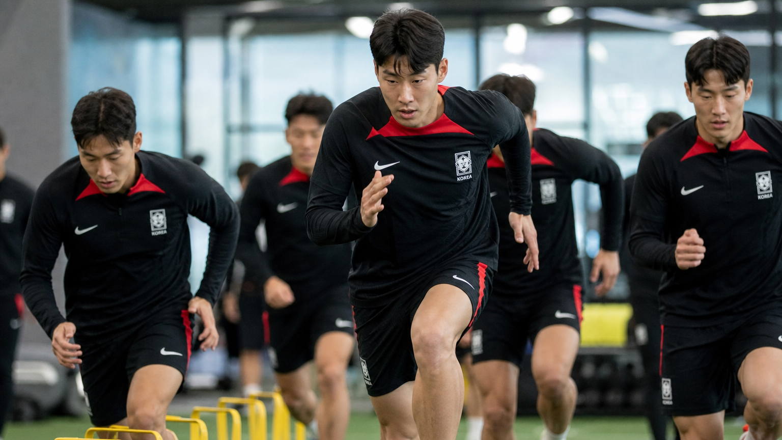 현대적인 훈련 시설에서 집중적으로 연습하는 한국 축구 선수들
