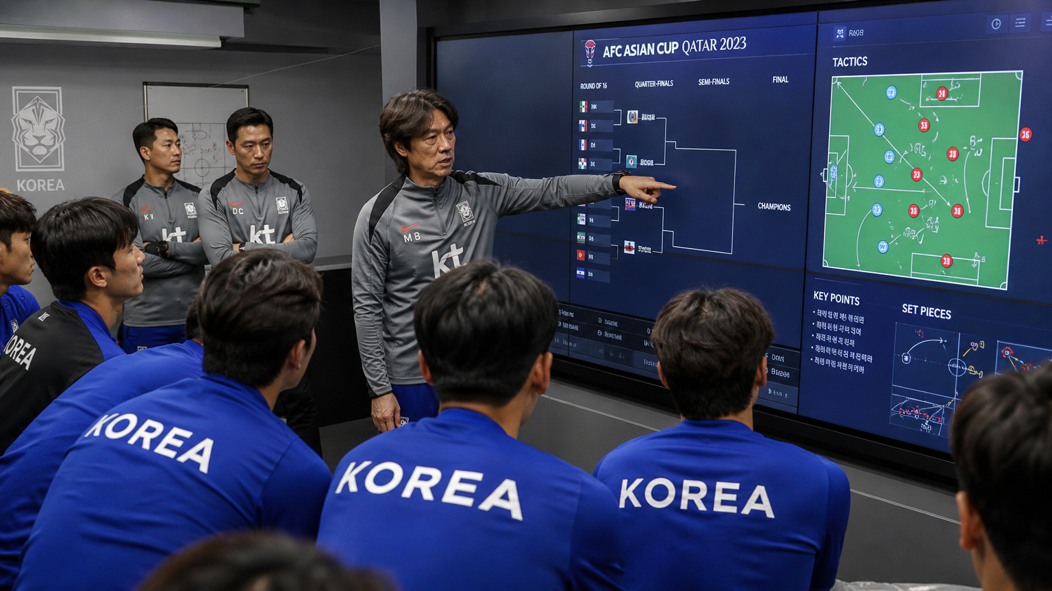 디지털 보드를 이용해 전략을 논의하는 한국 축구 팀과 코치들