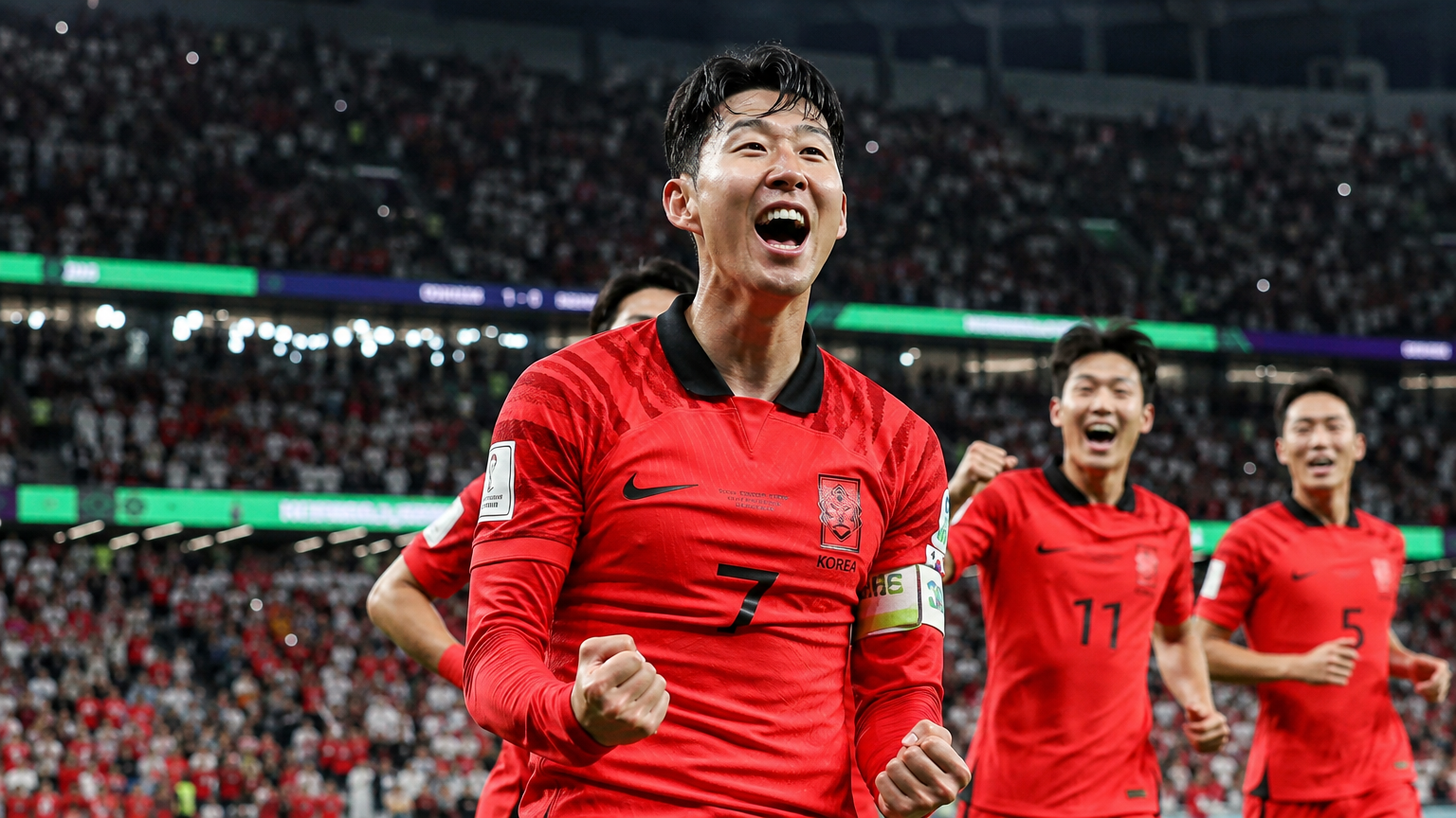 국제 경기장에서 골을 넣고 동료들과 함께 환호하는 손흥민 선수의 역동적인 모습