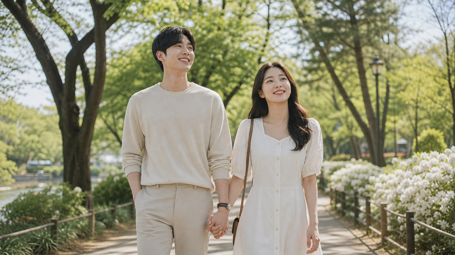 젊은 커플이 해맑은 공원에서 손을 잡고 미래를 향해 미소 짓는 모습