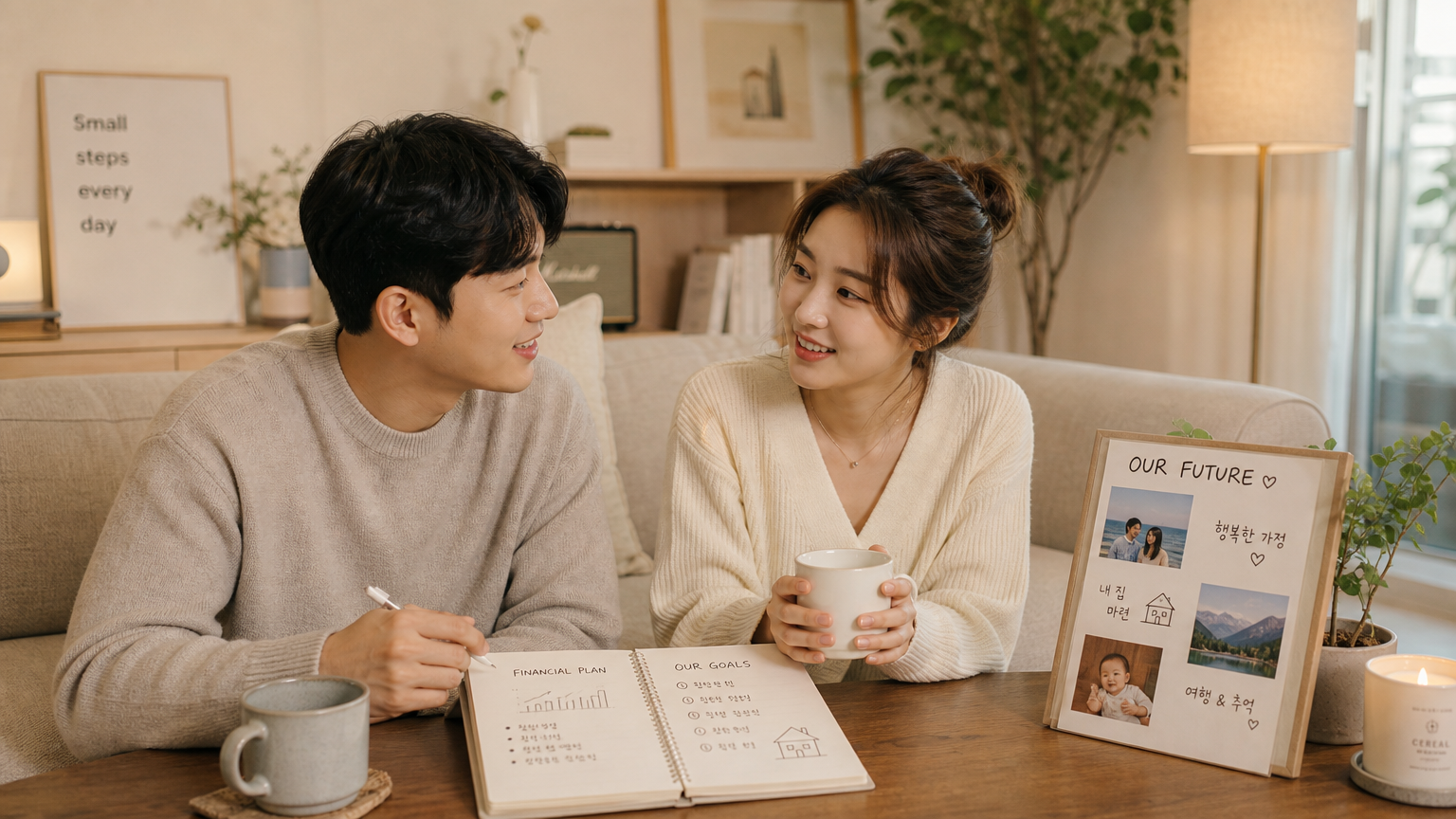아늑한 거실에서 재정 계획과 가족 계획을 논의하는 커플