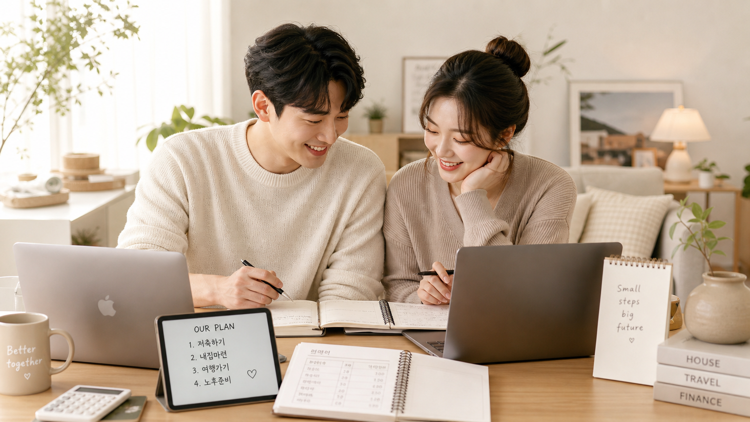 집에서 노트북과 플래너로 재정을 관리하는 신혼부부