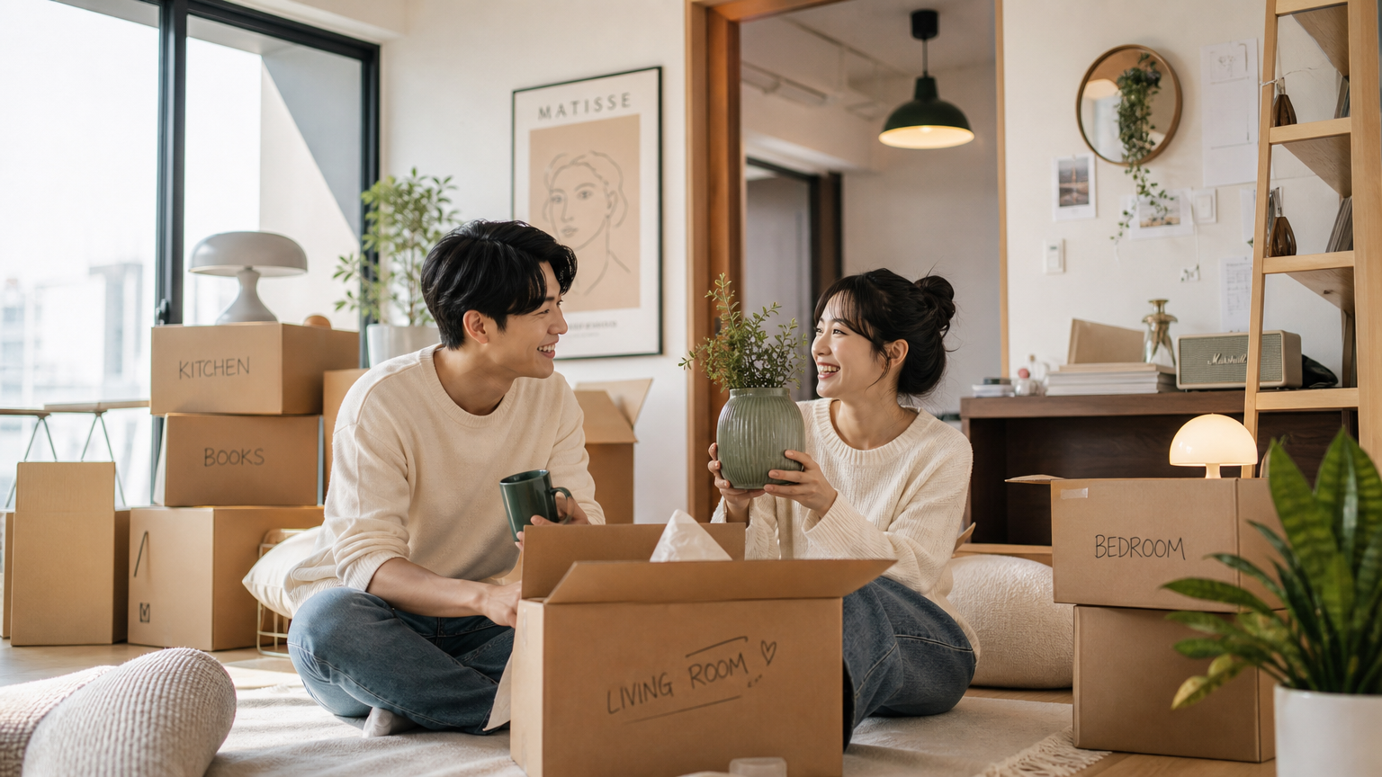새로운 집을 정리하는 기쁨에 찬 커플과 아늑한 아파트 내부