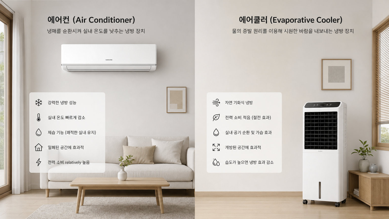 에어컨과 냉풍기가 나란히 놓여 있는 미니멀한 주거 공간
