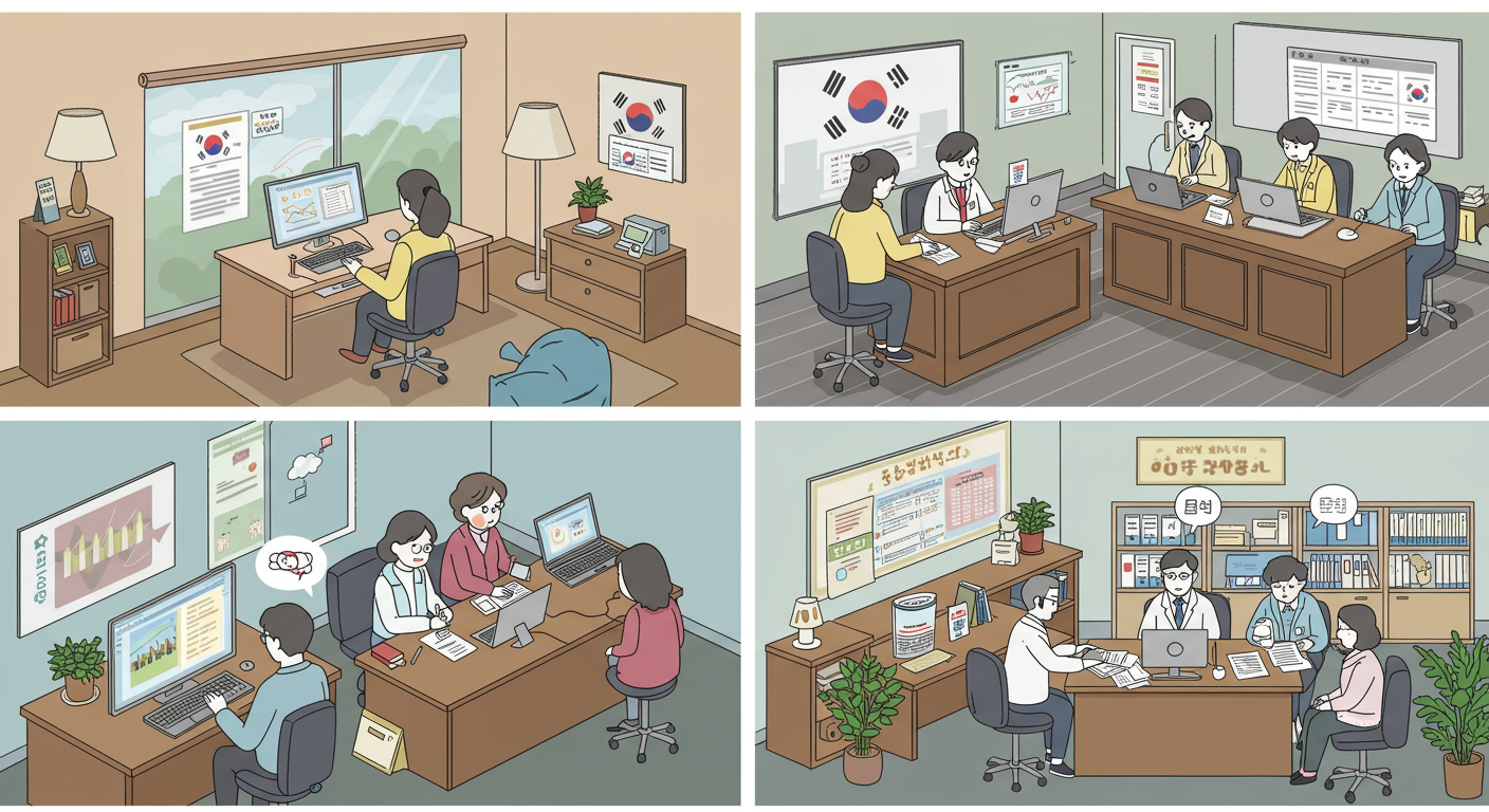 집에서 컴퓨터로 정부 지원금을 신청하는 사람들과 지역 행정 사무소에서 직접 방문하여 신청하는 모습