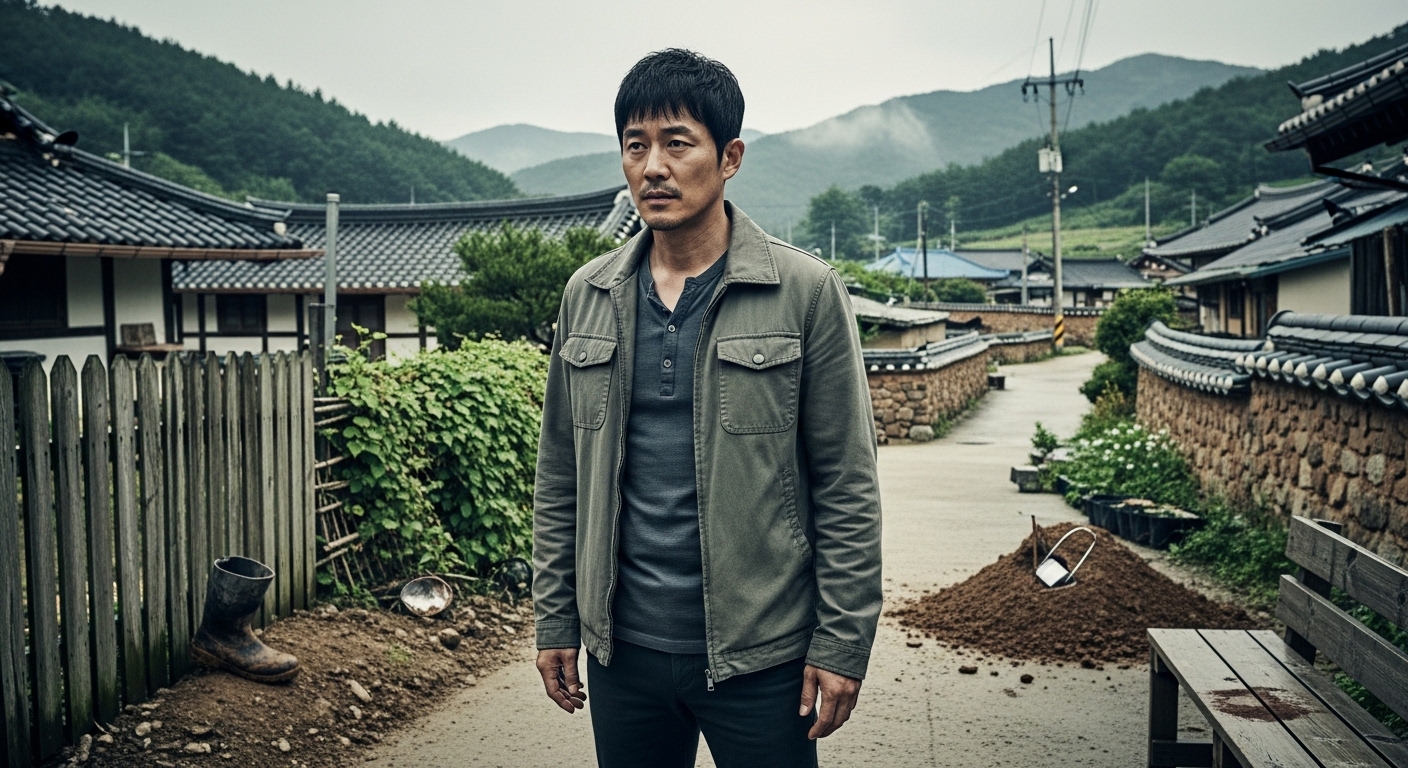 시골 마을에서 수상한 증거와 함께 있는 중년 남성