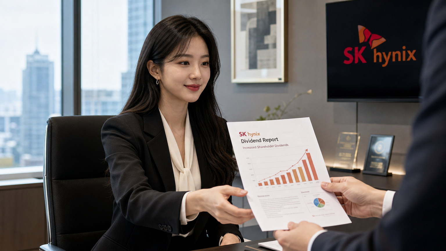 오피스에서 SK하이닉스로부터 증가된 배당 보고서를 받는 우아한 한국인 사업가의 모습