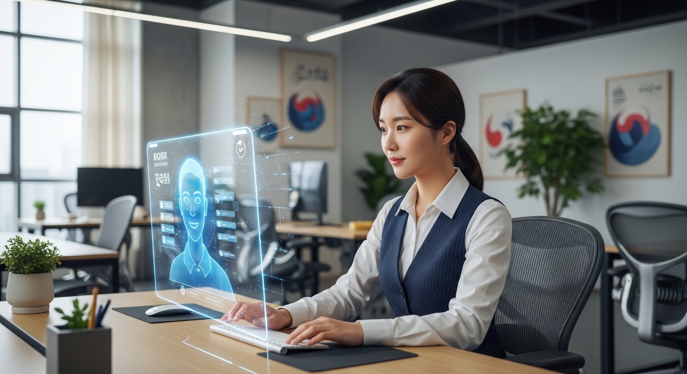 현대적인 사무실에서 가상 비서를 사용하는 젊은 직장인의 모습, 미래지향적 기술과 업무 환경을 나타냄