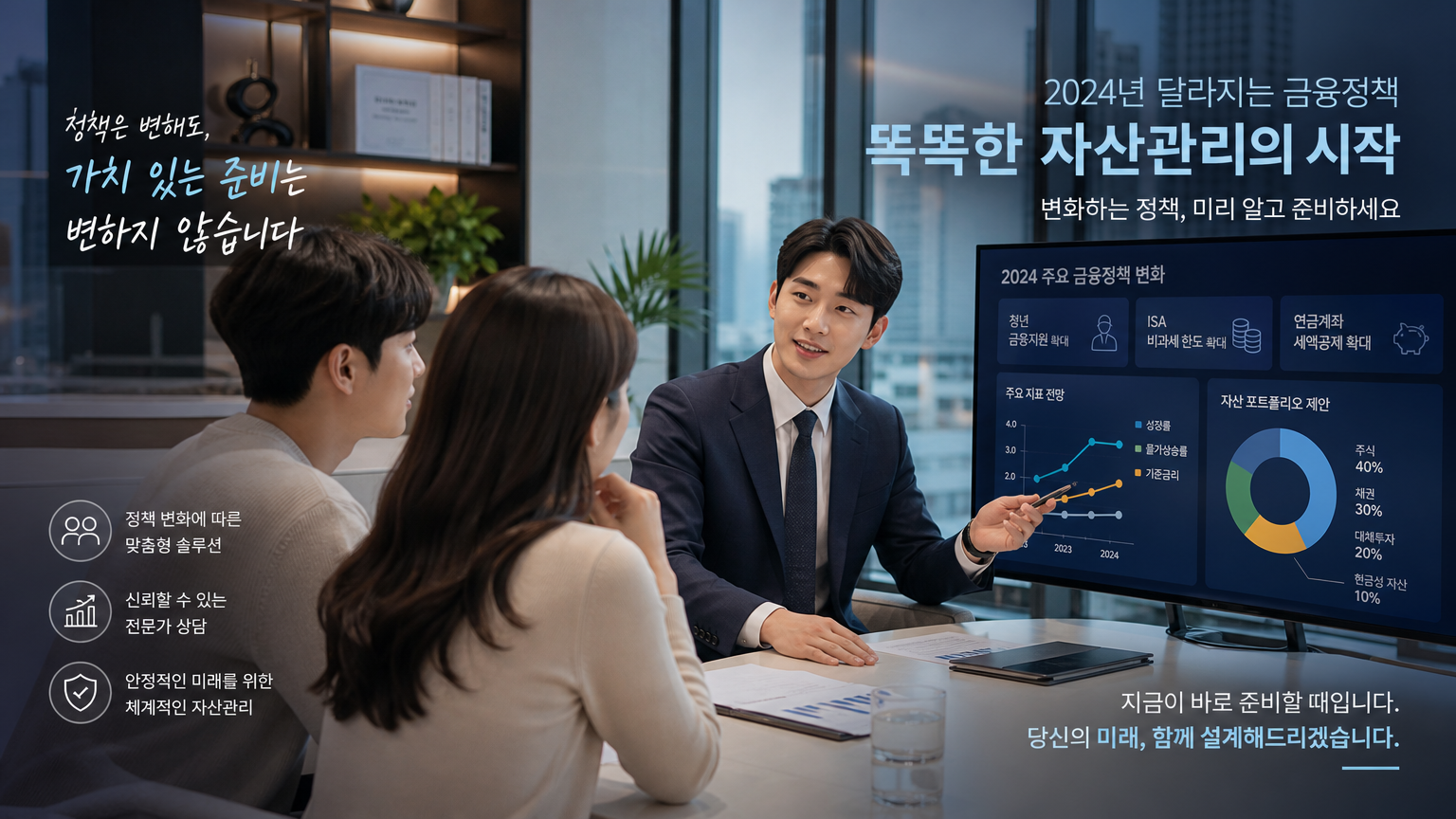 금융사무실에서 정책 변화를 설명하는 재정 상담사