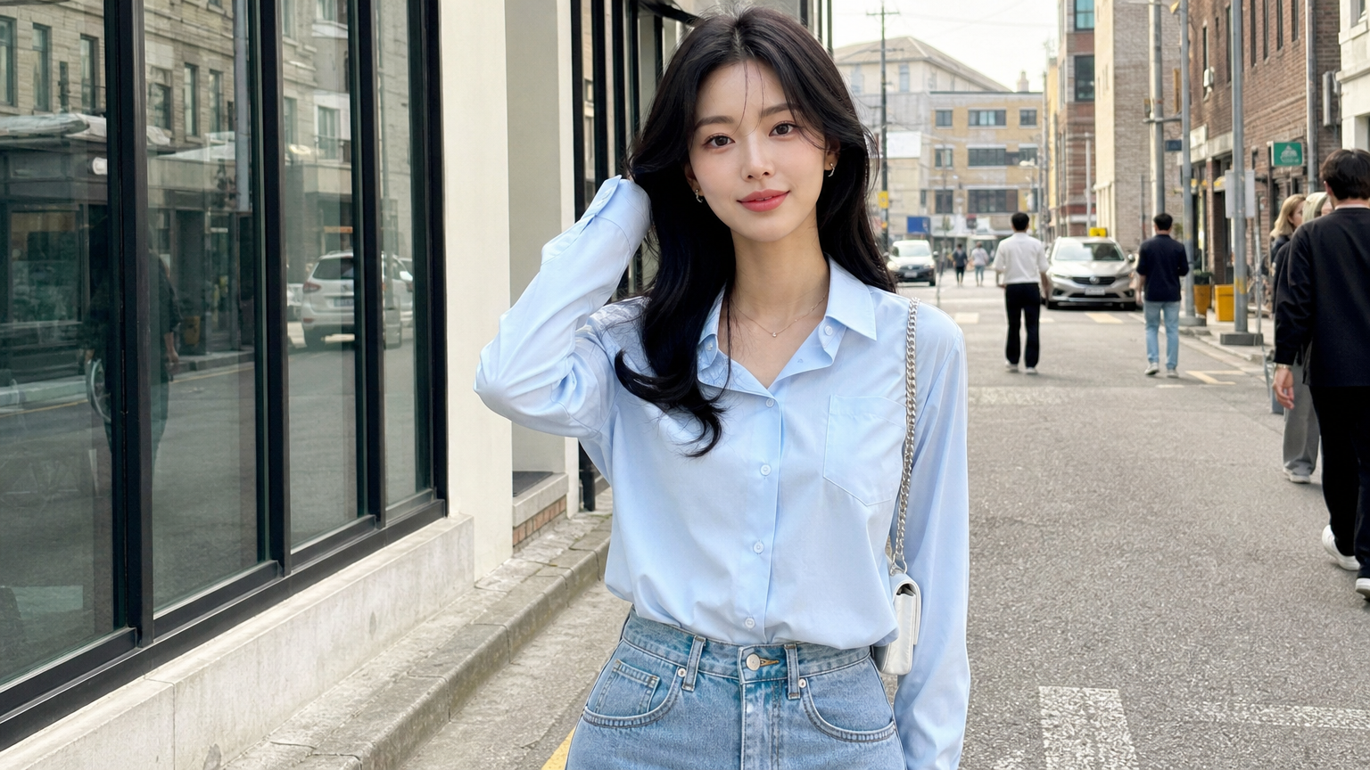 라이트 블루 블라우스를 청바지와 매치해 도시 거리에서 세련되면서도 캐주얼한 룩을 연출하는 여성