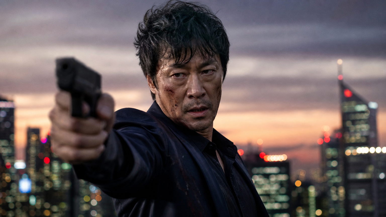 도시 스카이라인을 배경으로 액션 포즈를 취하는 배우 이동욱의 모습