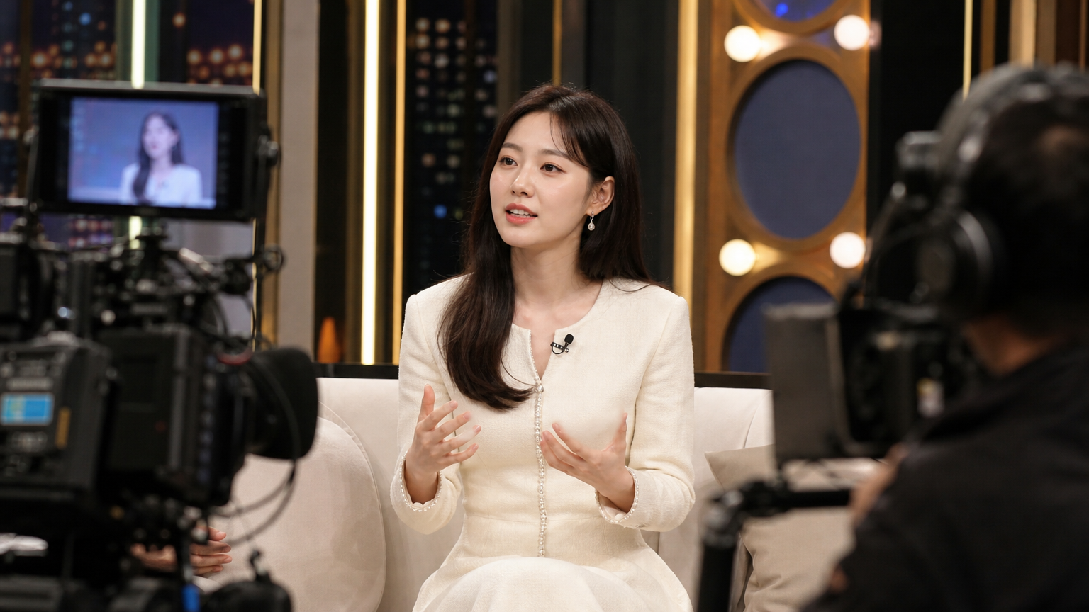 한국 여배우가 방송 세트에서 개인적인 이야기를 나누고 있는 모습