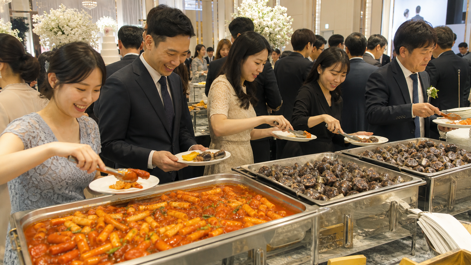 한국 결혼식 리셉션 뷔페에서 대형 쟁반에 담긴 매콤한 떡볶이와 순대를 손님들이 즐겁게 담아가는 모습