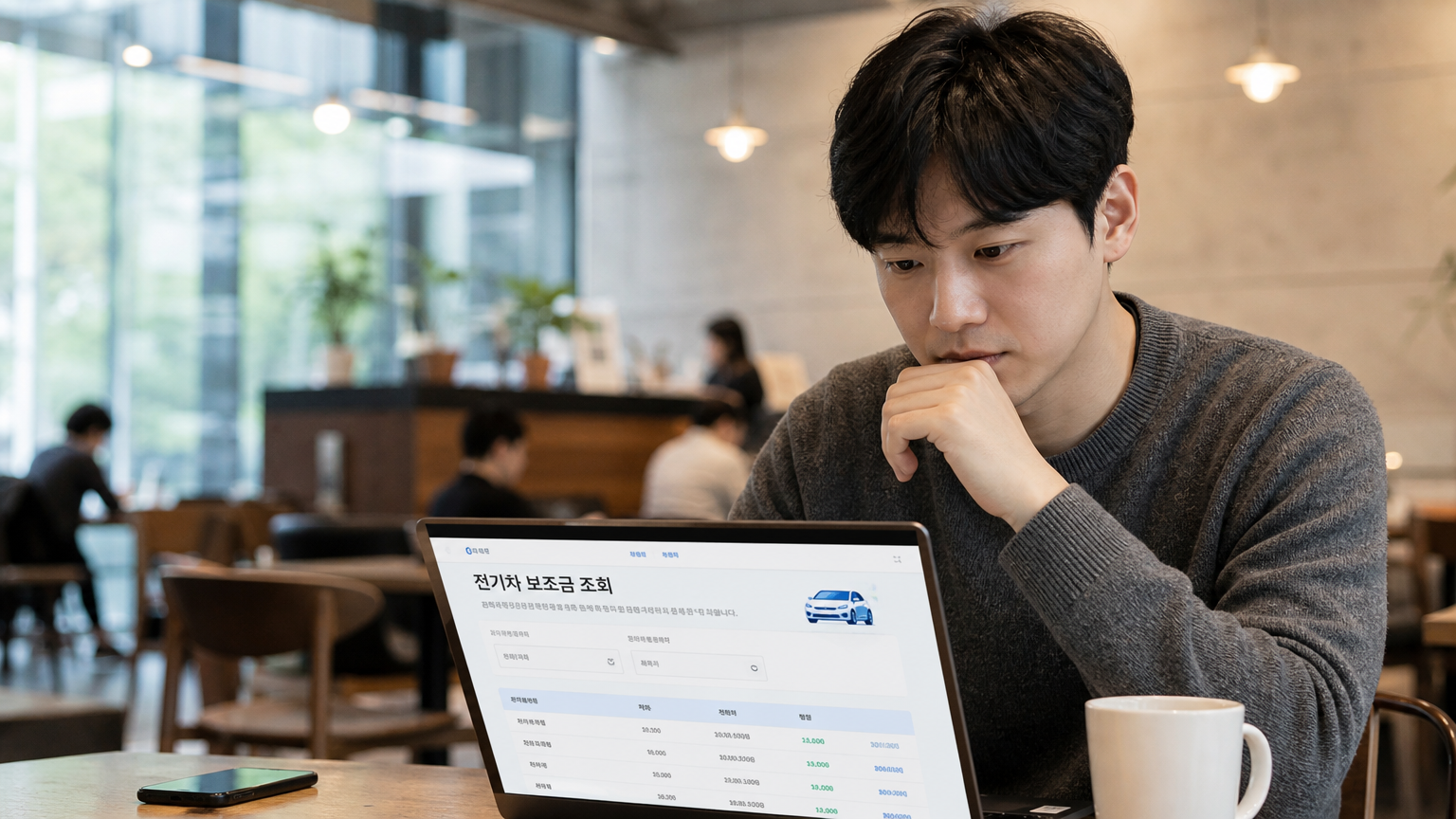 카페에서 노트북으로 전기차 보조금을 조사하는 현대적인 남성의 모습