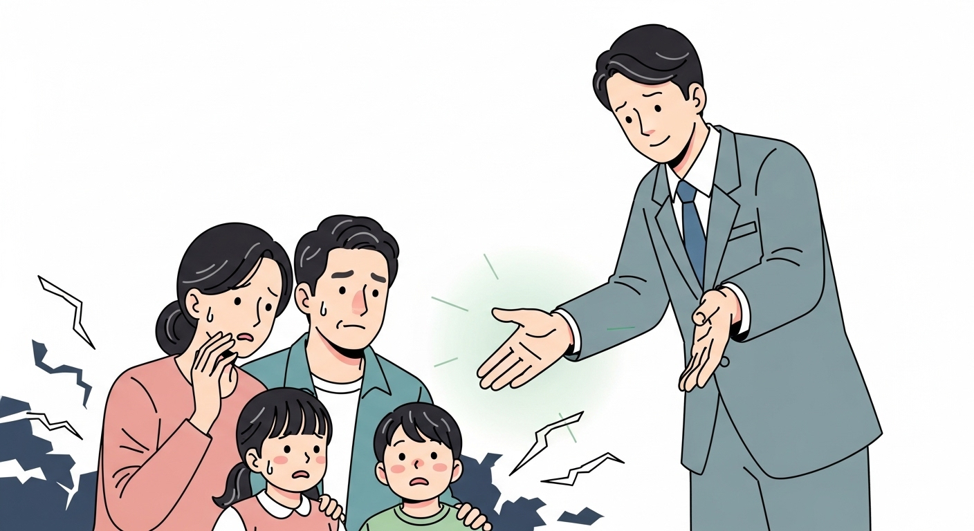 갑작스러운 위기에 처한 한국 가족에게 정부 지원이 손을 내미는 장면