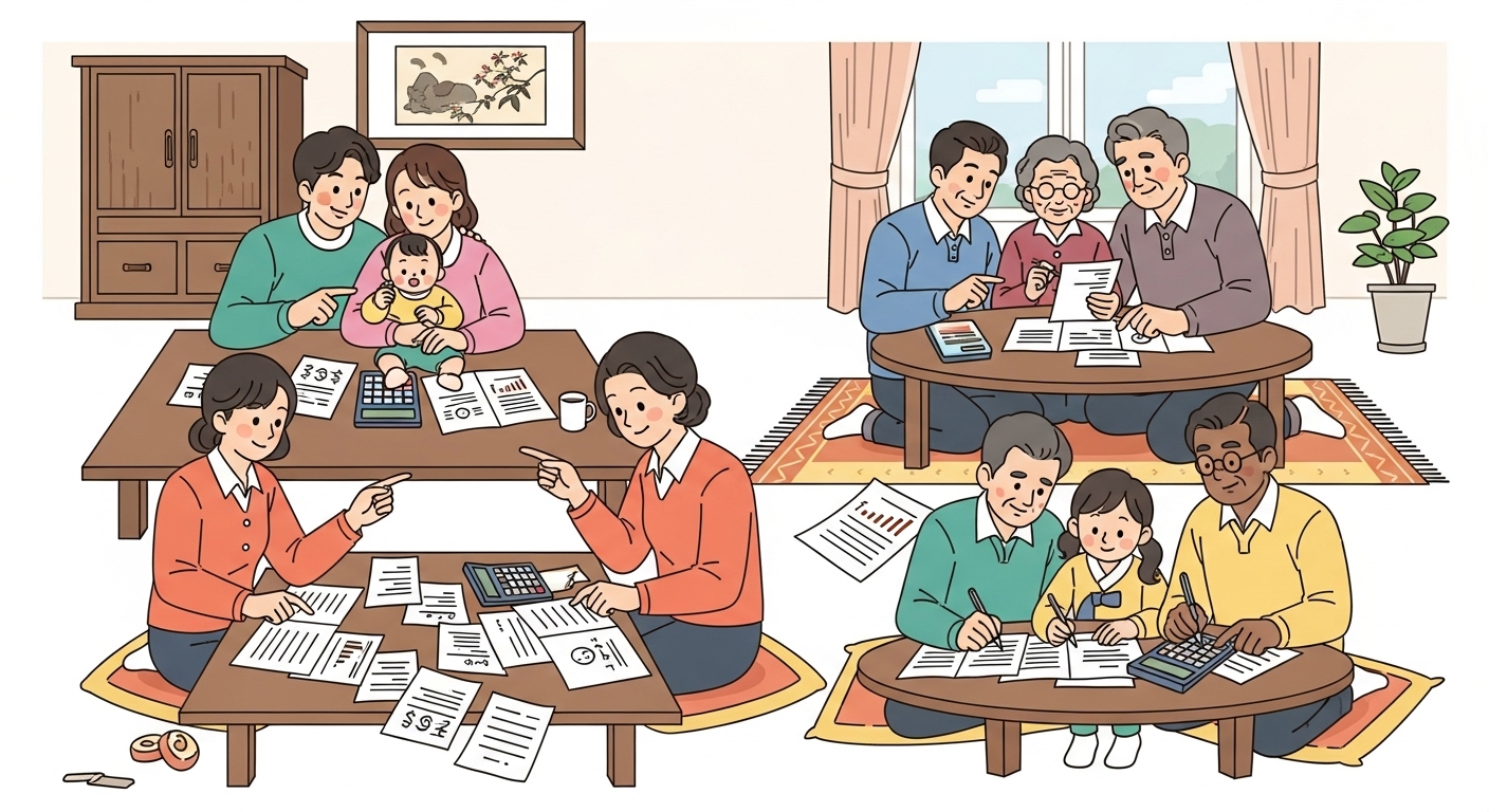 다양한 한국 가정이 중위소득 계산을 하는 모습