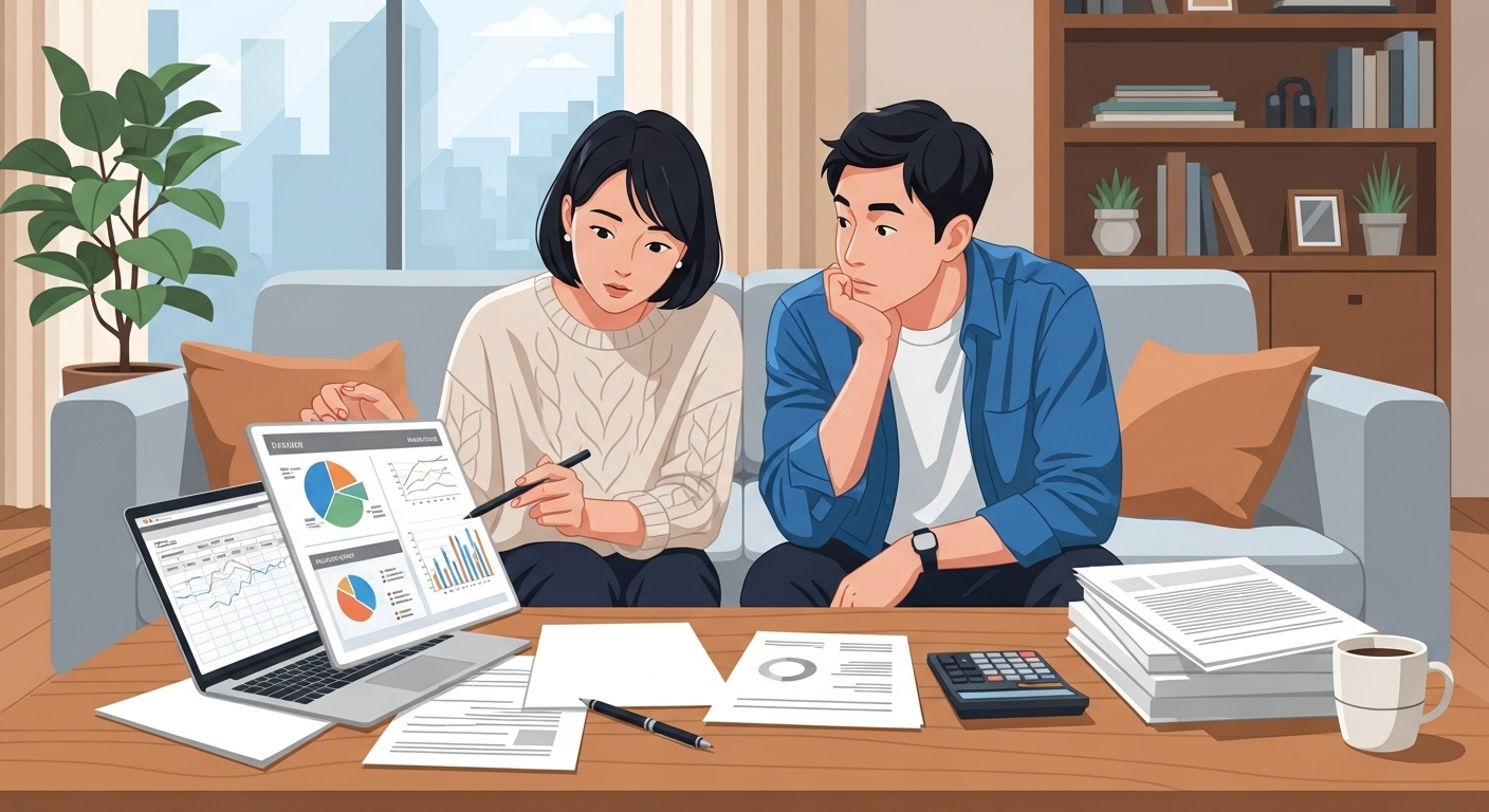 거실에서 재산과 금융 자산에 대해 논의하는 한국 커플
