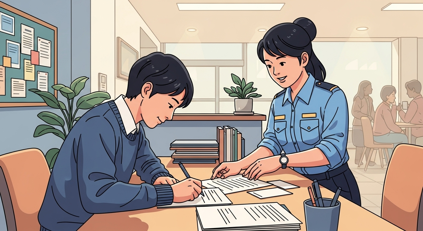 주민센터에서 도움받으며 서류를 작성하는 한국인의 모습