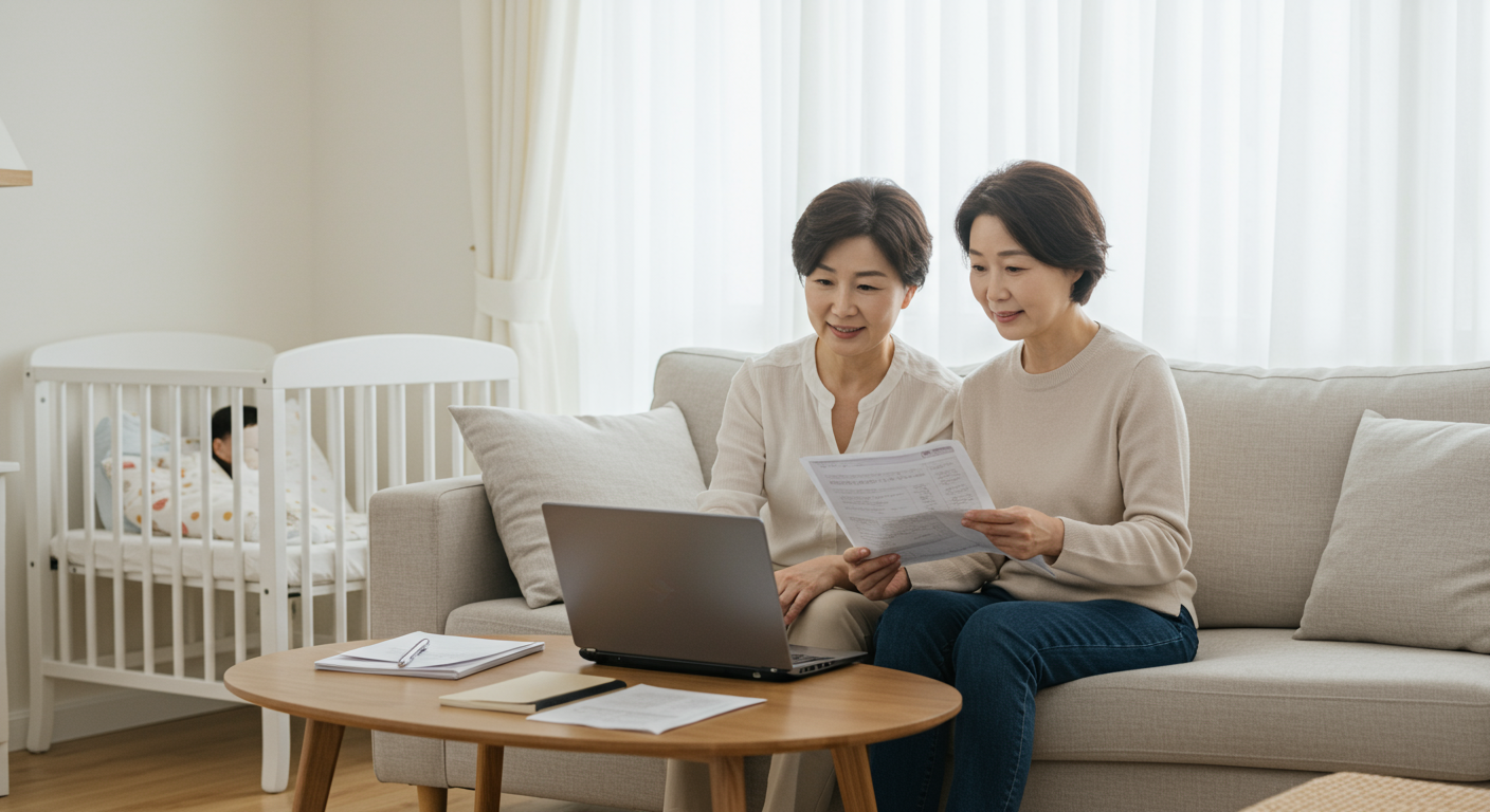 현대적인 한국 가정의 거실에서 부모가 노트북으로 금융 서류를 검토하는 모습과 아기 침대가 있는 장면