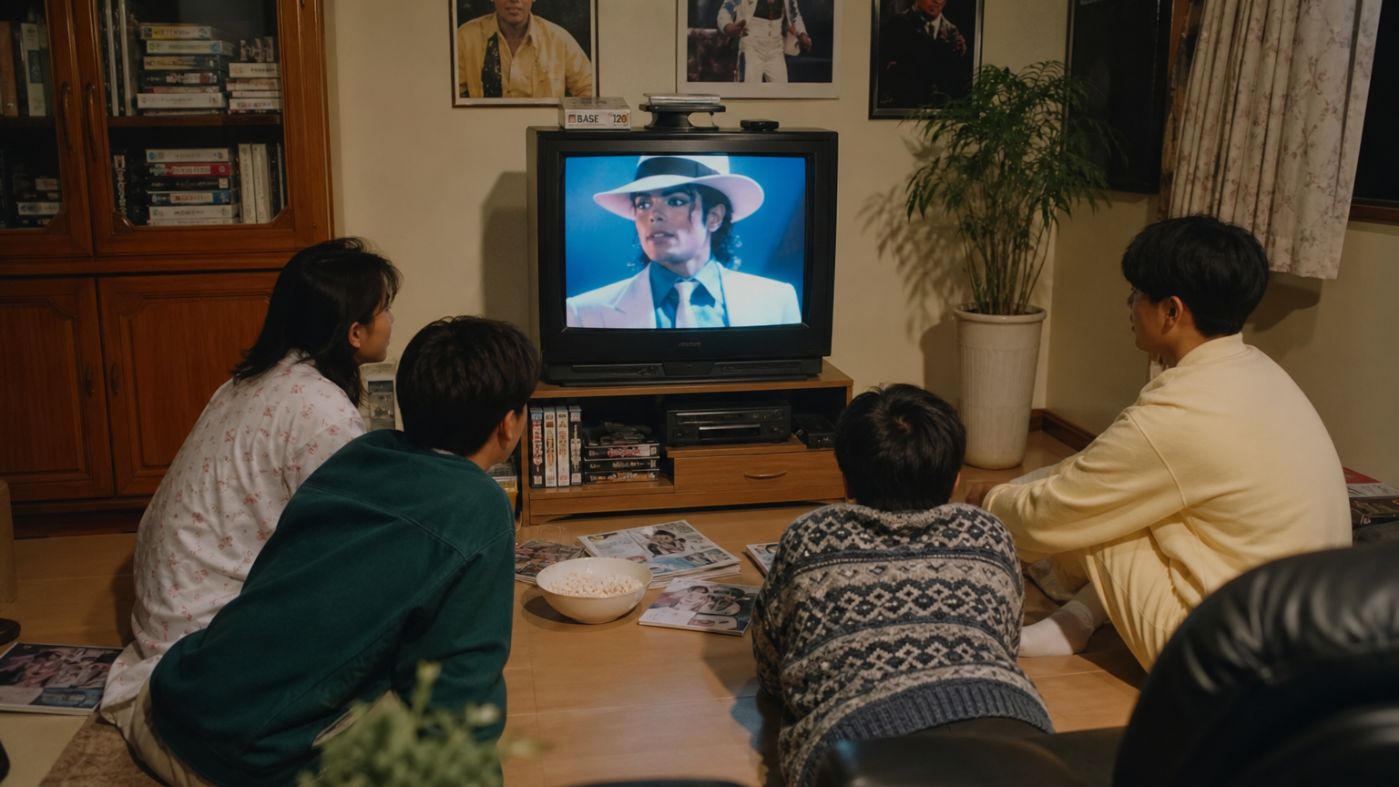 아늑한 거실에서 '문워커'를 보는 한국 청소년들의 향수 어린 모습