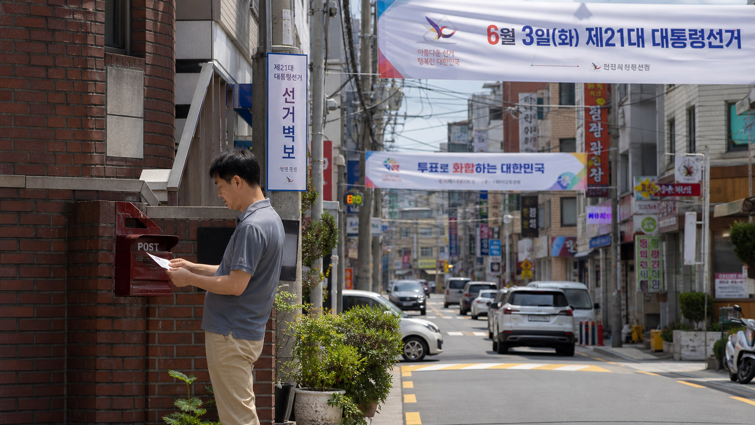 거리에서 선거 관련 현수막과 우편물을 확인하는 시민들