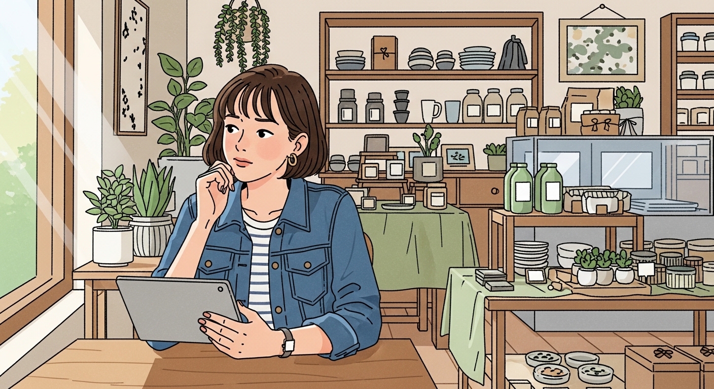 디지털 태블릿을 보고 있는 현대 소상공인의 고민하는 모습