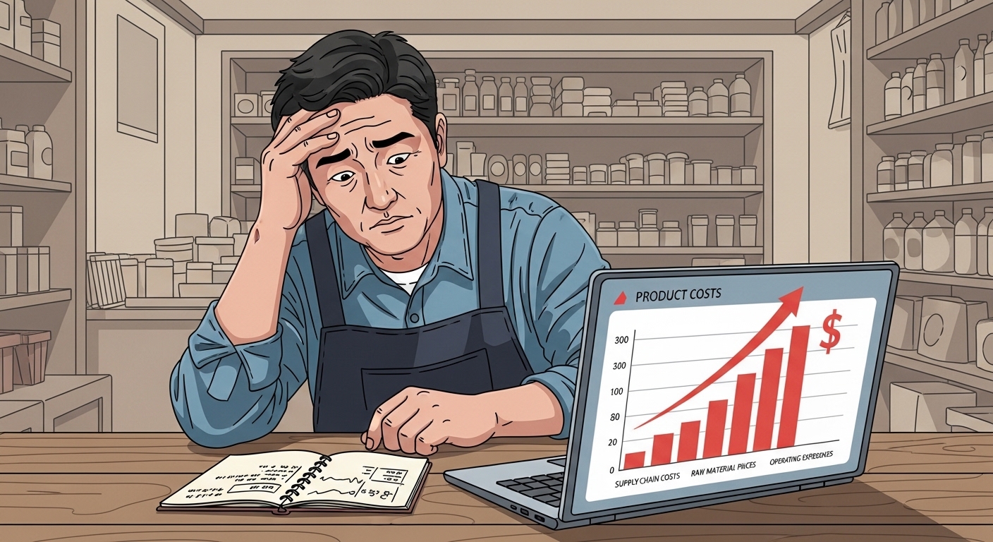 노트북 화면을 보며 걱정하는 한국 가게 주인의 모습