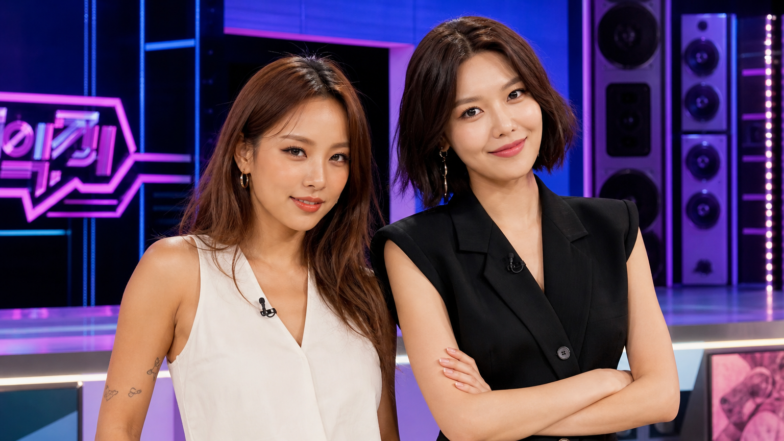 현대적인 방송 스튜디오에서 자신감 있는 표정의 이효리와 최수영
