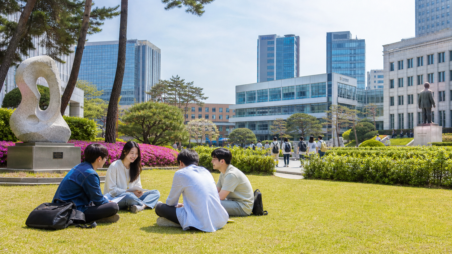 도심 속 넓고 평평한 부지에 조성된 대연캠퍼스에서 여유로운 시간을 보내는 학생들