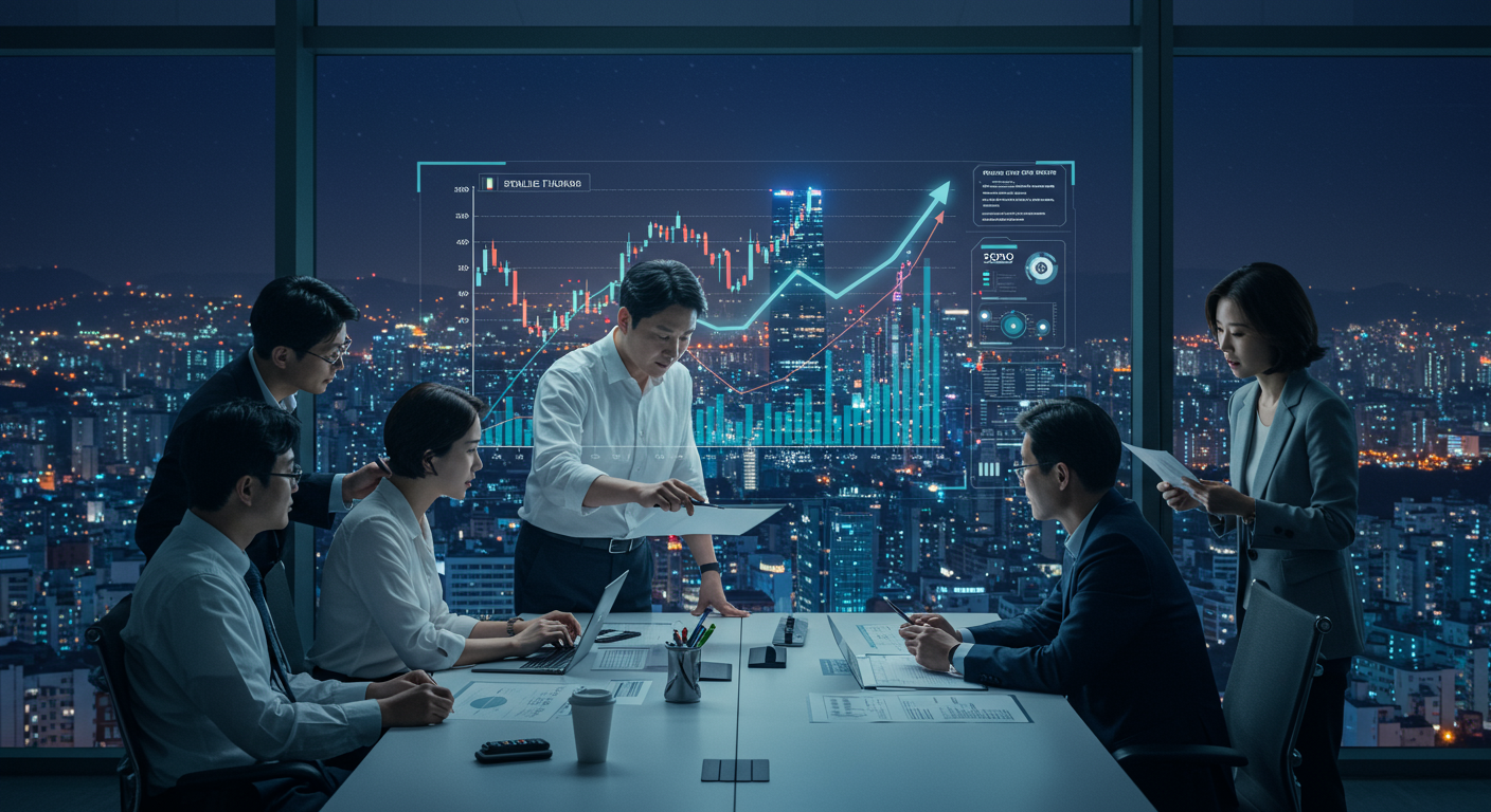 현대적인 한국인 비즈니스맨들이 스테이블코인 시장 성장을 나타내는 디지털 그래프를 분석하는 모습