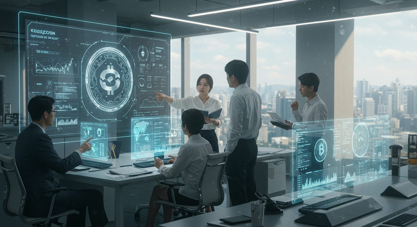 미래 지향적인 사무실에서 한국 기술 전문가들이 한국형 스테이블코인 개발 계획을 논의하는 장면